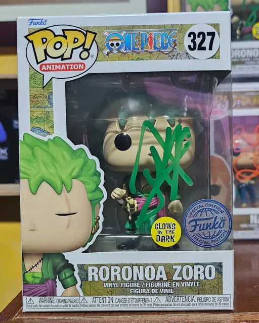 One Piece Funko Pop Roronoa Zoro #327 Brillo Firmado/Autografiado por Mackenyu