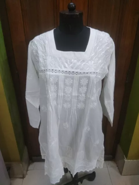 M  Xl Handmade Top Tunic Ethnic Chikan Embroidery 100% Cotton Blouse Kurti Kurta