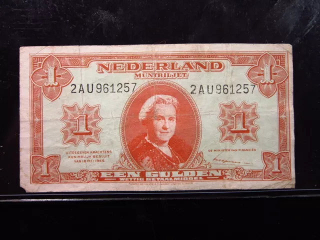 NETHERLANDS 1 Gulden 1945 P70 Dutch Muntbiljet Queen Juliana Bank Money h1257