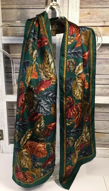 BILL BLASS Green Copper Rust Leaf Print  10 X 58” Long Silk Scarf Vintage