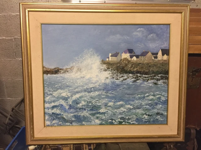 TABLEAU MARINE HUILE sur Toile Paysage port de pêche, Bretagne Signé