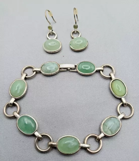 Liz Claiborne Green Cabochon Jewelry Set Bracelet & Earring Silver Tone Vintage