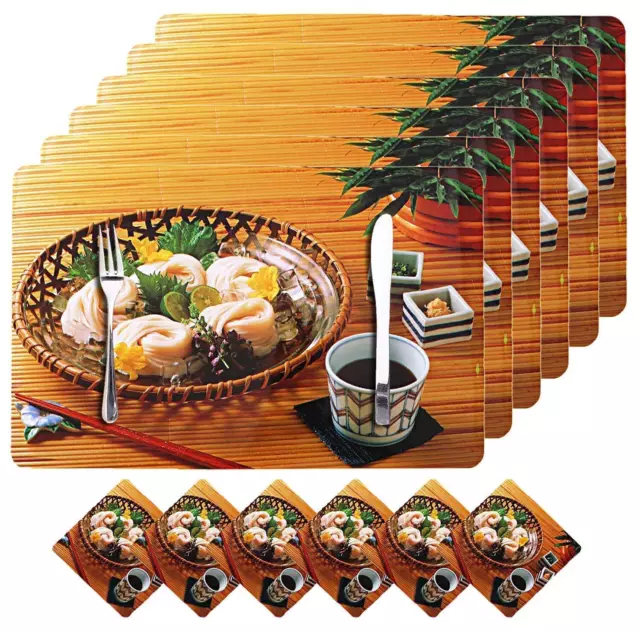 Flower Design PVC 6 Piece Dining Table Placemat Set with Tea Coasters (Green)