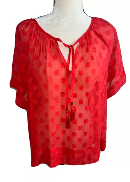 NWT Ella Moss Silk Boho Blouse Sheer Red Dot Print V-Neck L