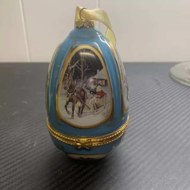 VTG Mr Christmas Blue Sleigh Ride Porcelain Musical “O Come All Ye Faithful” Egg