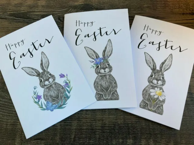 Pack 3 Handmade Easter Cards & Envelopes Happy Easter/Easter Bunny