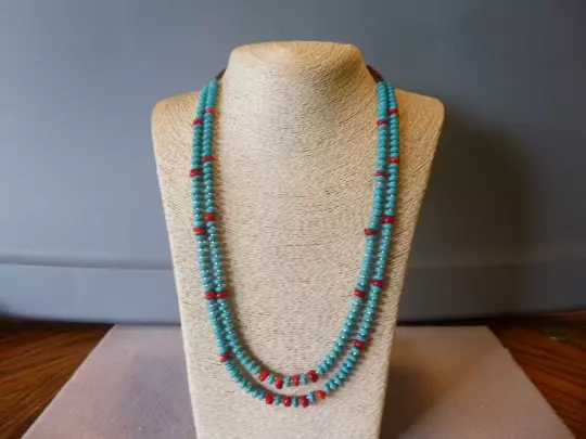 Turquoise & Coral & Silver Double Strand Native American Southwestern  Necklace