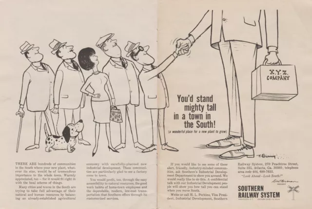 1965 Southern Railway System - "Stand Mighty Tall" - 2 Seiten Cartoon Kunstdruck Anzeige