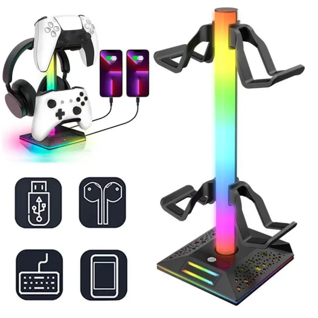 RGB LED Headphone Stand USB Port Control Desk Gaming Holder Headset J1N2