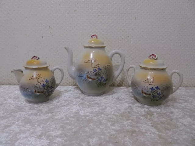 3 Piezas Teeset Japón Asiático Diseño Porcelana - Vintage - Pájaro Plantas De