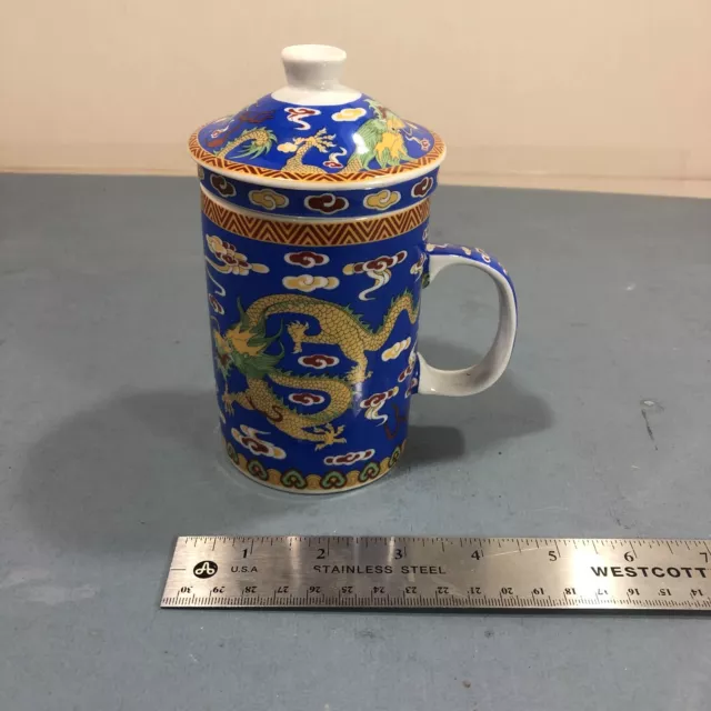 Vintage Chinese Porcelain Tall Teacup Mug With Lid and infuser  yellow dragon Bl