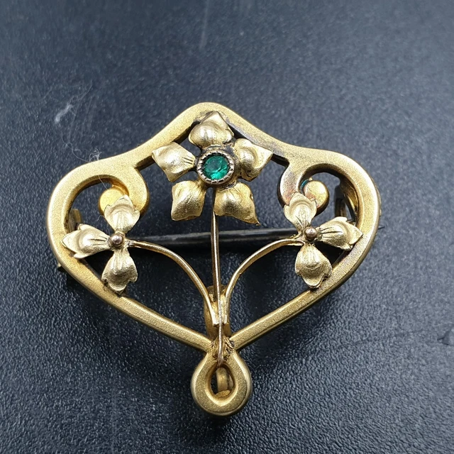 Ancienne Broche Pendentif Plaque Or Fix Art Nouveau Fleurs Et Pierre Vers 1900