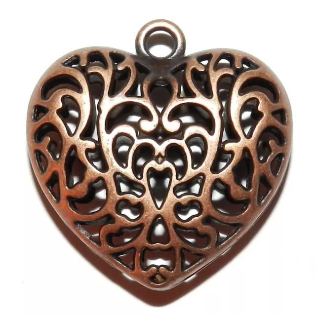 M371 Antiqued Copper 36mm Heart Pendant with Intricate Open Filigree Design 4pc