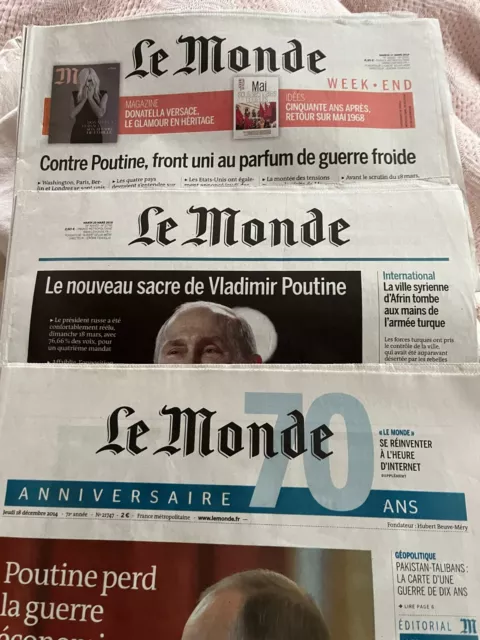 Poutine en une du journal Le Monde en 2014 et 2018 Lot de 3