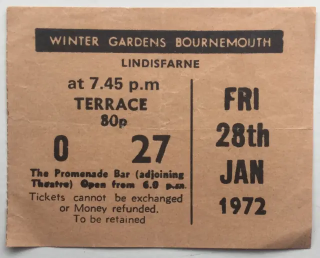 Lindisfarne Original Used Concert Ticket Winter Gardens Bournemouth 28th Jan 197