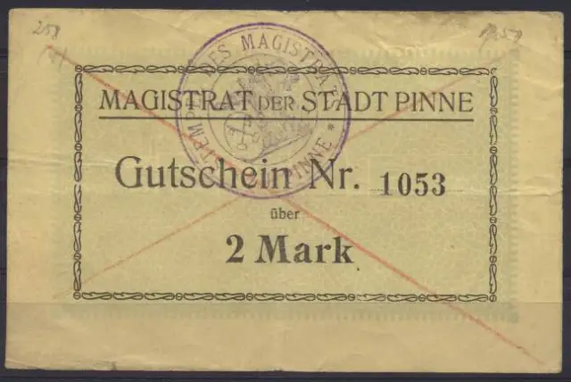 [12637] - NOTGELD PINNE (heute: Pniewy), Stadt, 2 Mark, o.D. (1914). Dießner 289