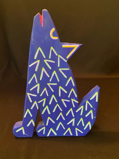 Vtg SW Folk Art Blue Howling Coyote Wood Painted Free StandingGunpoint Designs