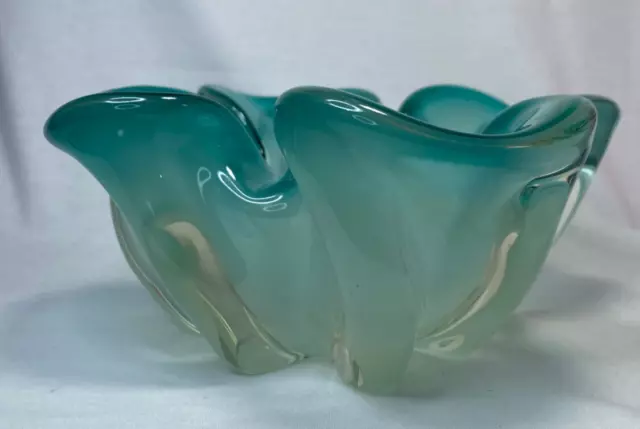 Mid Century Heavy Art Glass Bowl Graduated Turquoise Edge Clear Glass