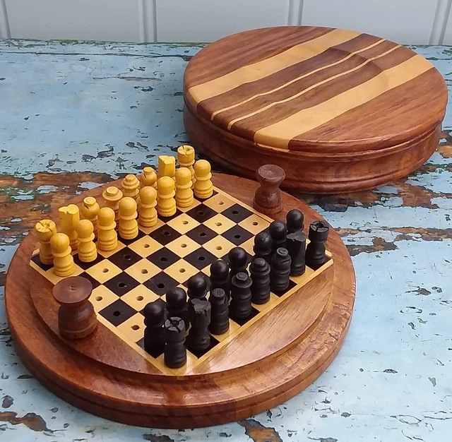 Mini Chess Box WOODEN MINIATURE TRAVEL Chess Set. Round with Lid. VGC. £29.00 ...