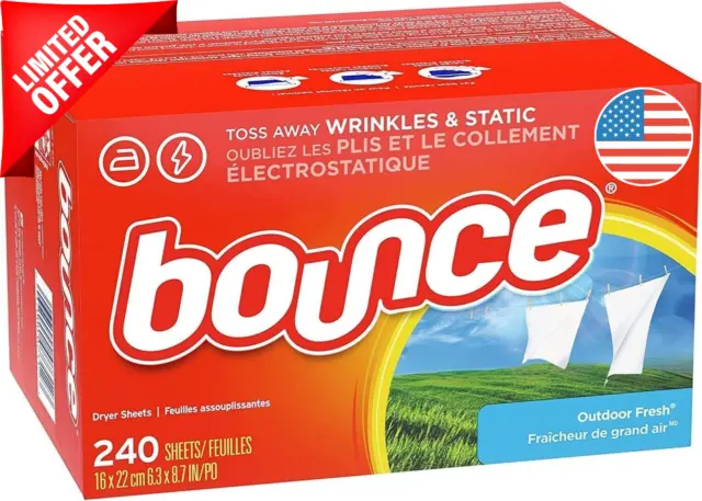 Bounce Dryer Sheets Laundry Fabric Softener, Outdoor Fresh 240 Ct Reduce Wrinkle