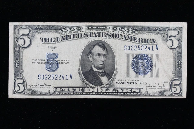 $5 1934D blue seal Silver Certificate Circulated S02252241A Exact Note Shown