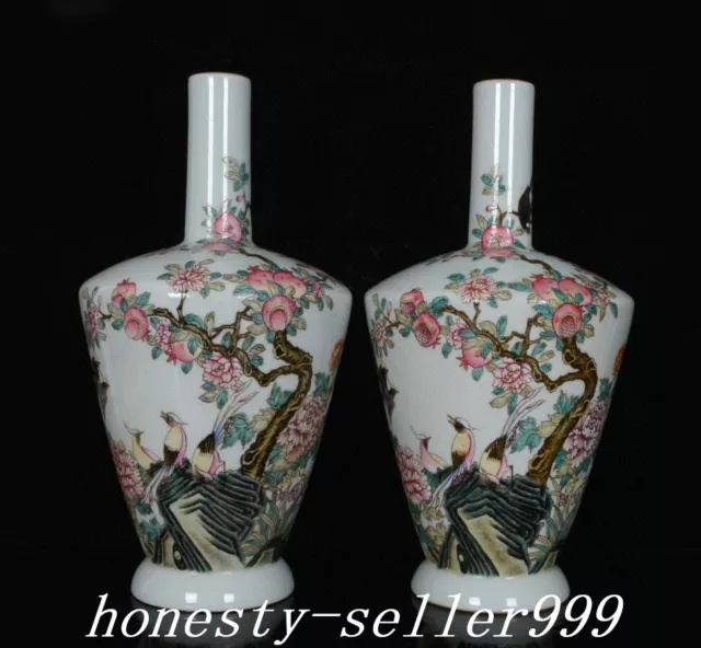 12.7'' Old Qing Famille Rose Porcelain Pomegranate Flower Bird Bottle Vase Pair