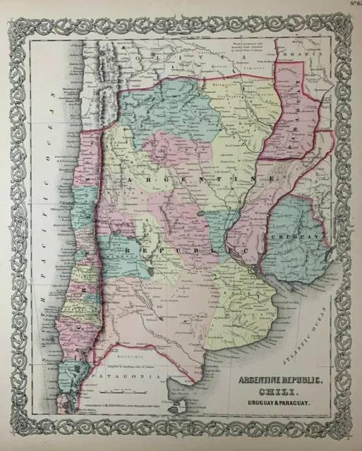 1855 Antique Argentina Chili Uruguay Paraguay Map Hand-Colored Colton's Atlas