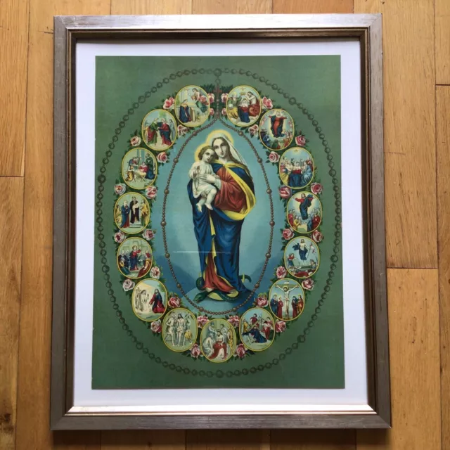 Old Vintage Antique Framed Lithograph Print - Virgin Mary Stations Of The Cross