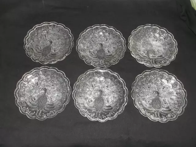 Stunning Set Of Six Antique Pressed Glass Peacock Dishes . M2500