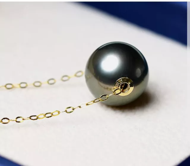 Gorgeous AAAA++ 12-11mm Round Tahitian black pearl pendant necklace 18K / AU750