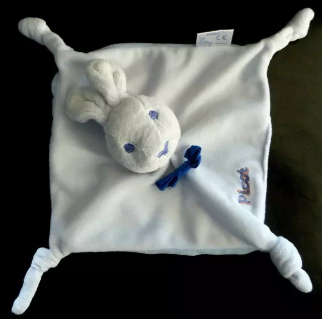 *. Doudou Plat Carre Picot Lapin Bleu Blanc Noeud Papillon - Excellent Etat