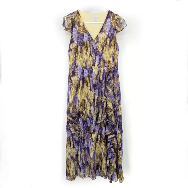 Haute Hippie Tribe Printed Wrap Front Ruffle Dress Purple Feathers Womens Size S
