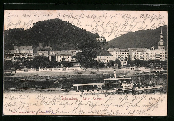 AK Schandau, Ortsansicht mit dem Ausflugsdampfer MS Karlsbad, Elbe 1945