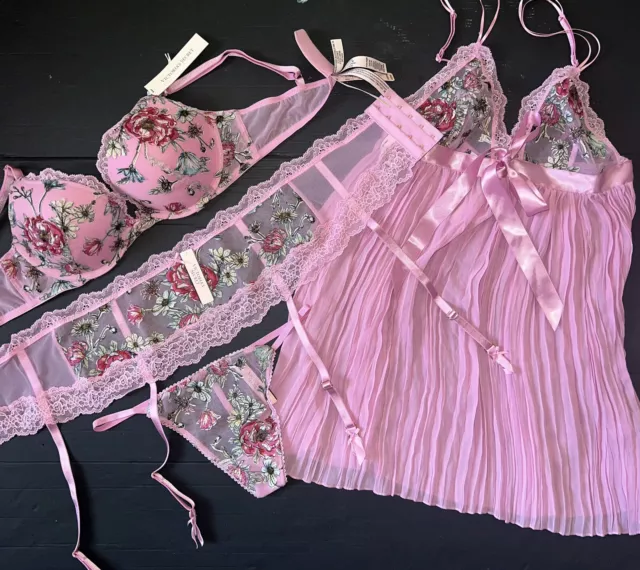 Victoria's Secret 34B Bh Set + Strumpfband + Tanga + S Babydoll Kleid Rosa