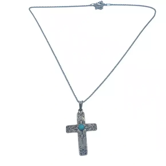 NEW Mexico Sterling silver necklace cross chain with turquoise gemstone etched