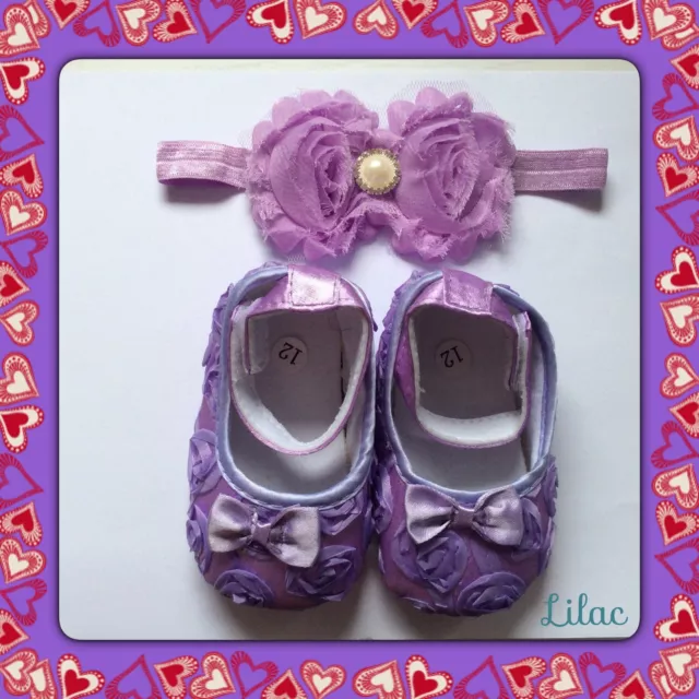 Bébé fille prewalker (pram) chaussures en satin & bandeau fleur LAVANDE & CADEAU GRATUIT