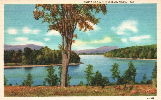 Vintage Postcard Onota Lake Forest Trees Mountains Pittsfield Massachusetts MA