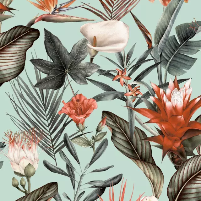 Flora Duck Egg Wallpaper Debona Floral Tropical Jungle Orange Green Natural