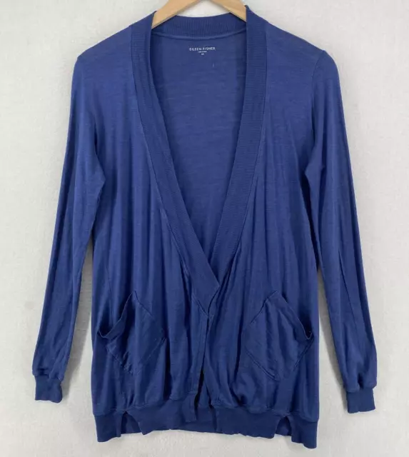 EILEEN FISHER Cardigan XS Silk Cotton Jersey Draped Open Front Long Sleeve Blue