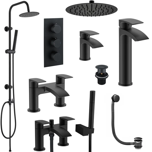 Matt Black Modern Round Bathroom Basin & Bath Taps & Thermostatic Shower Mixers