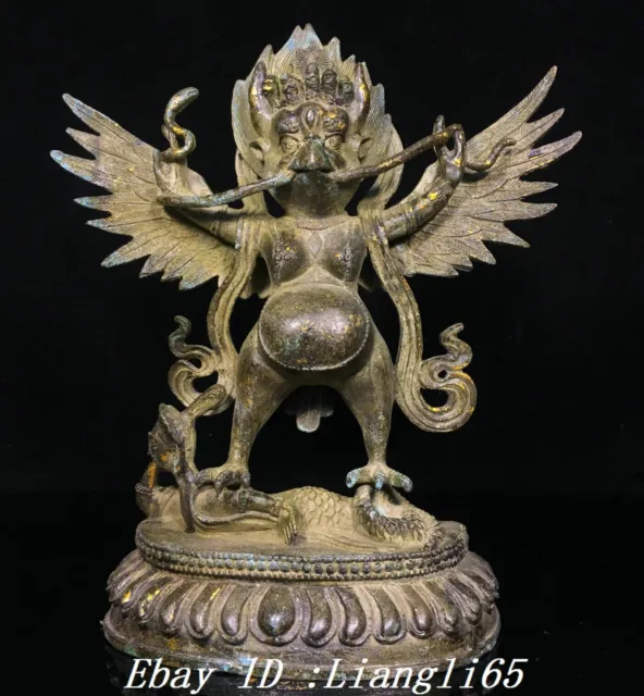 10.8''Old Tibet Bronze Gilt Redpoll Winged Garuda Vogel Adler Buddha Statue