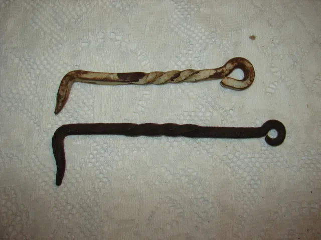 2 Antique Hand Forged Wrought Iron Barn Shed Garden Gate Twisted Hooks