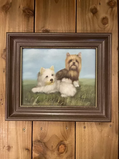 Original Old Vintage Oil Painting Dogs Portrait Signed No Reserve