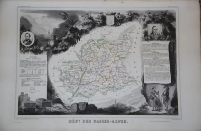 Grande carte France 1852 ATLAS LEVASSEUR éd Combette Département 04 BASSES ALPES