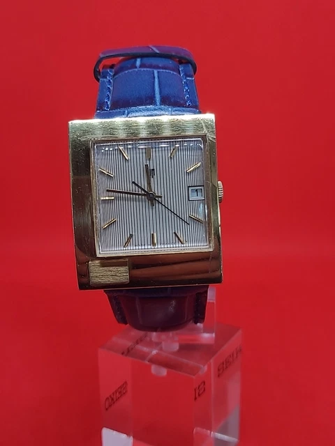Montre Vintage LIP Carrée - Mécanique Manuelle, Boîtier Plaqué Or, Bracelet Cuir Bleu