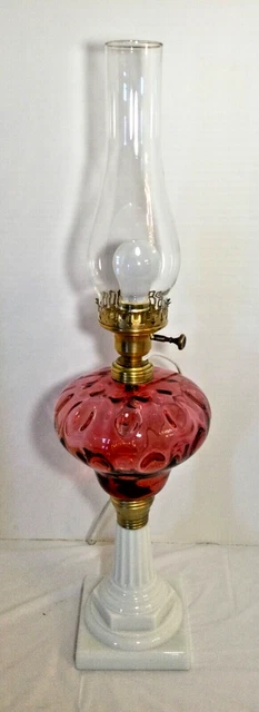 Vintage Fenton L.G./Wright Oil Lamp ELECTRIFIED w Cranberry Coin Dot Glass Font