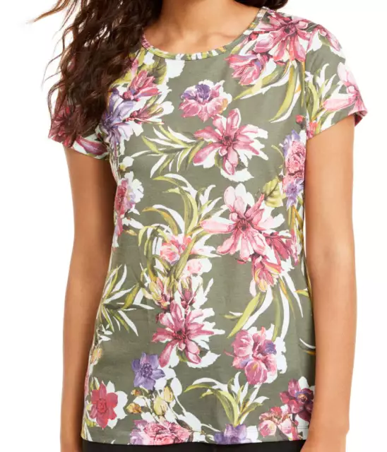allbrand365 designer Womens Floral Print Keyhole Back T-Shirt,Olive,X-Large