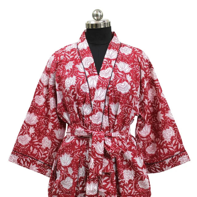 Hand Block Printed Cotton Kimono Dressing Gown, Floral Print Night wear Dress