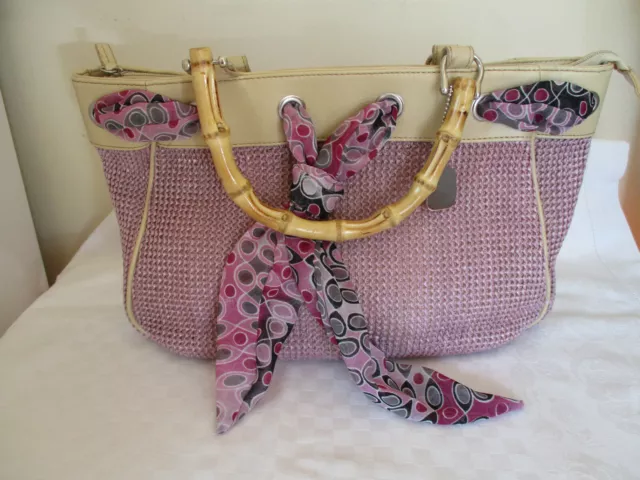 Sac à main femme neuf dés en rose/mauve et beige, 2 poignées style canne en bambou