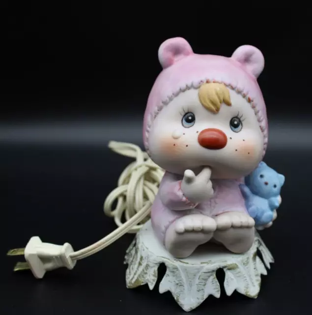 Vintage Aladdin Giftware Portable Lamp Baby In Pink with Bear Porcelain Works
